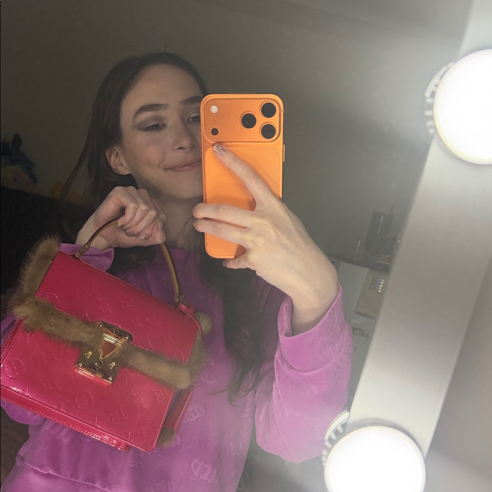 Louis Vuitton Spring Street Neon pu leather monogram pink satchel with fur